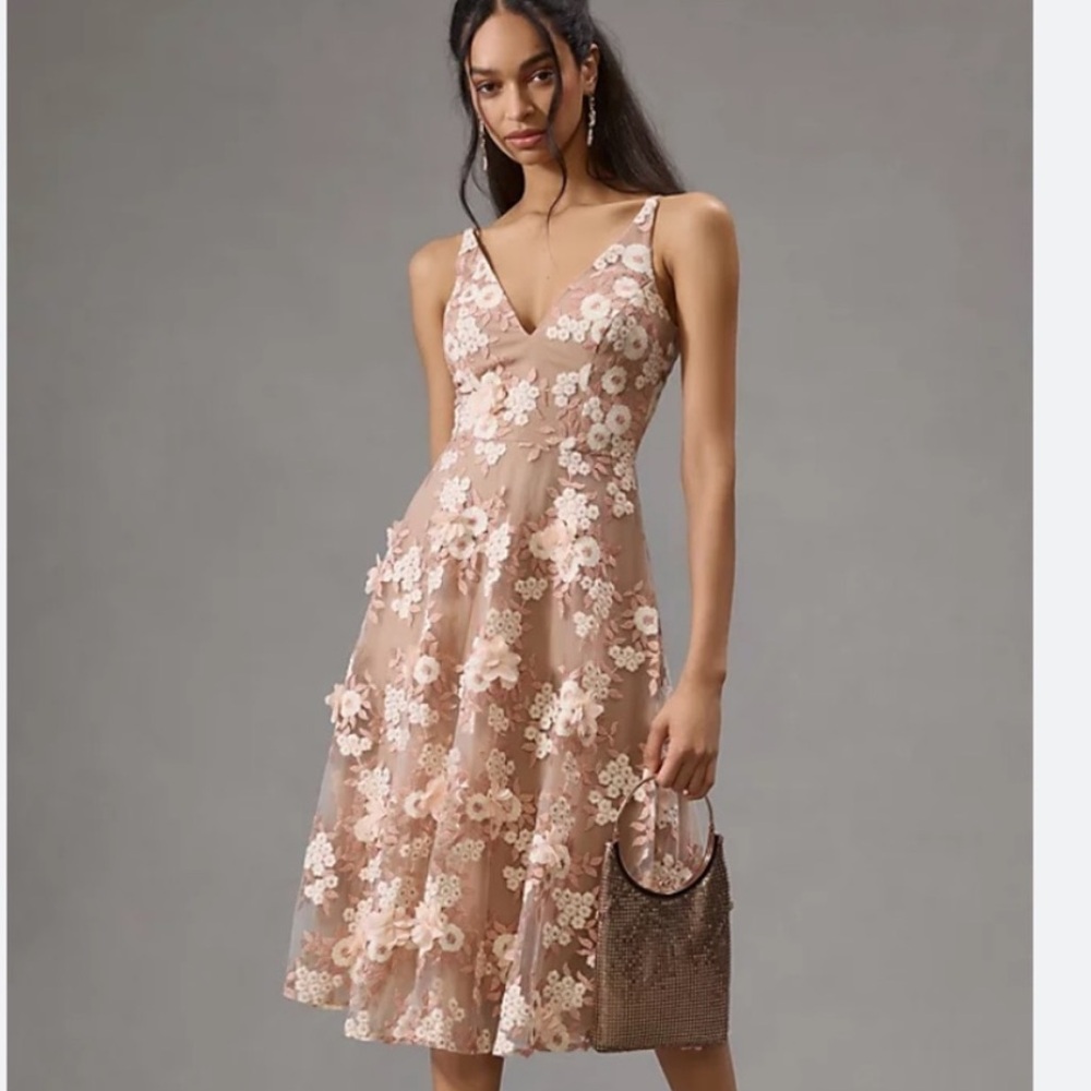 NWT Dress The Population Elisa Floral Appliqué Midi Dress Nude Blush Pink Sz 6